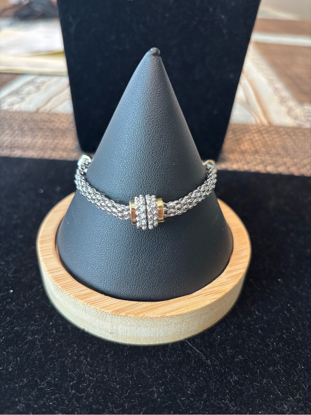 Two-Tone Sterling Silver & Gold Circle Link Bracelet with Pavé Accent - Picture 3 of 5